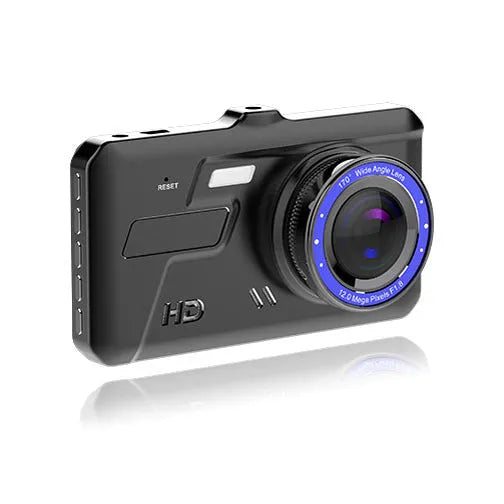 Black dual lens dash cam with 4-inch touch screen showing front and rear camera views