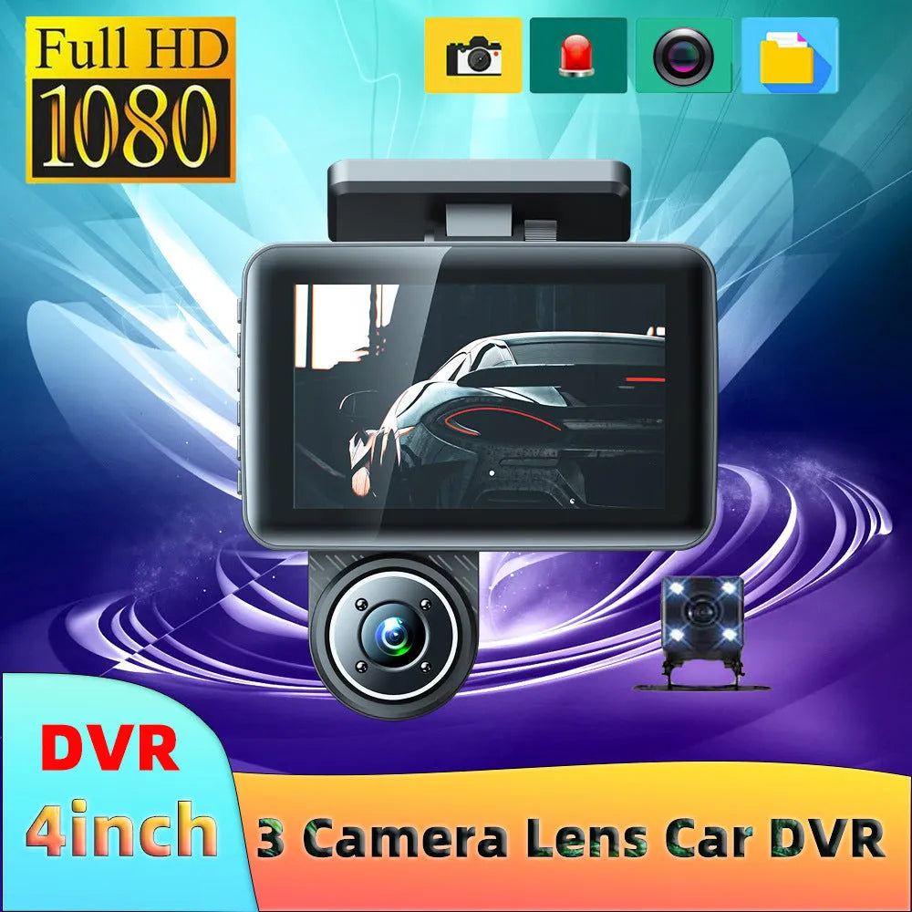 Black 4-inch touch screen dashcam with wide angle lens for car recording