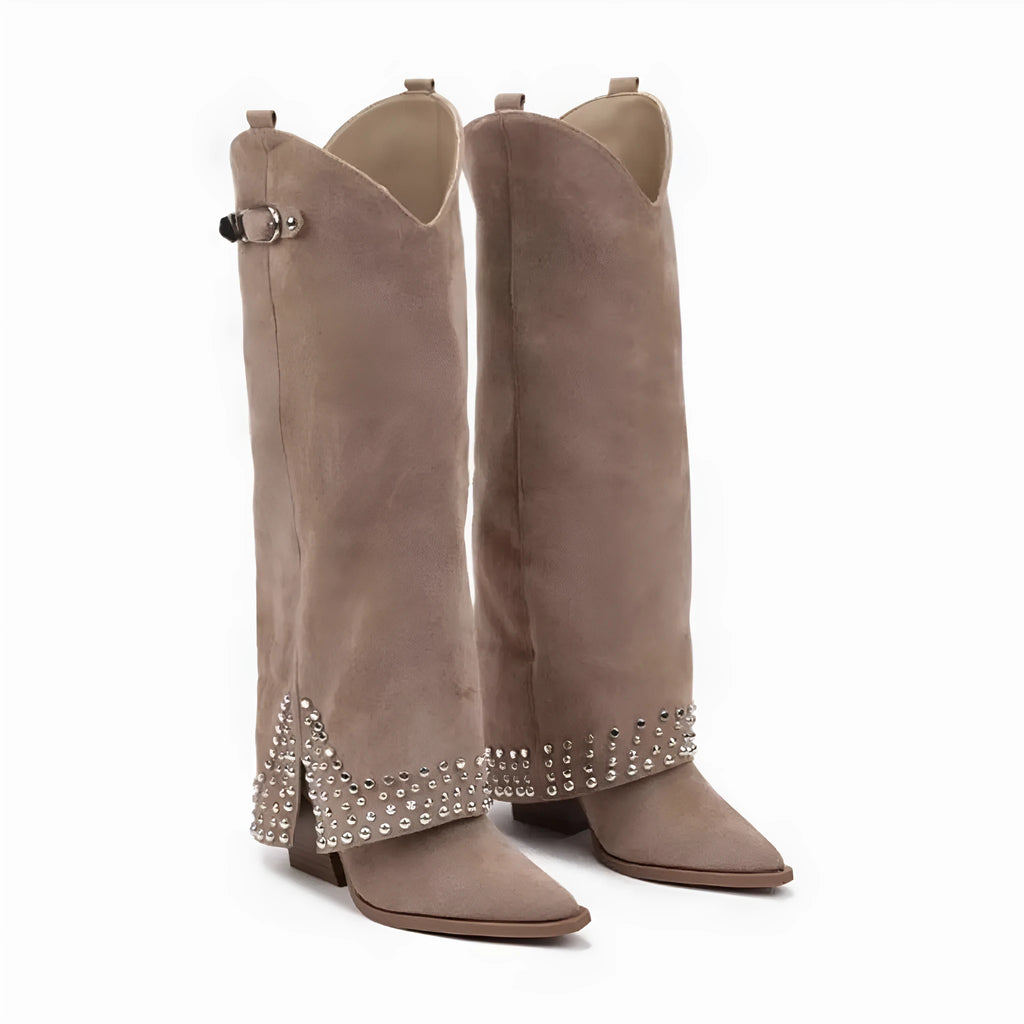 Women's black frosted rivet pantyhose boot with a microfiber suede upper and rubber sole.