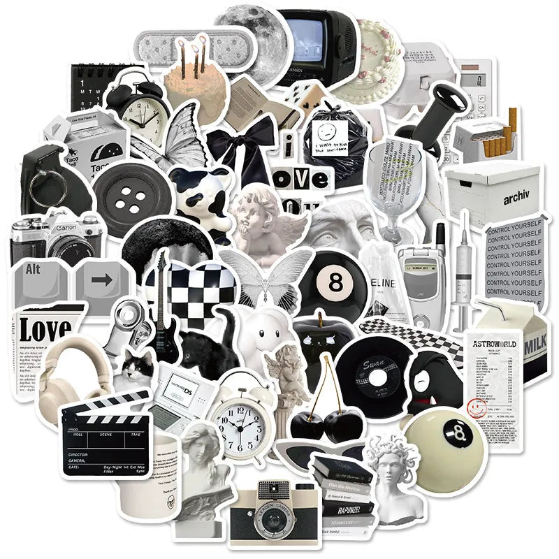 61 black and white waterproof PVC stickers for laptop and phone decoration.