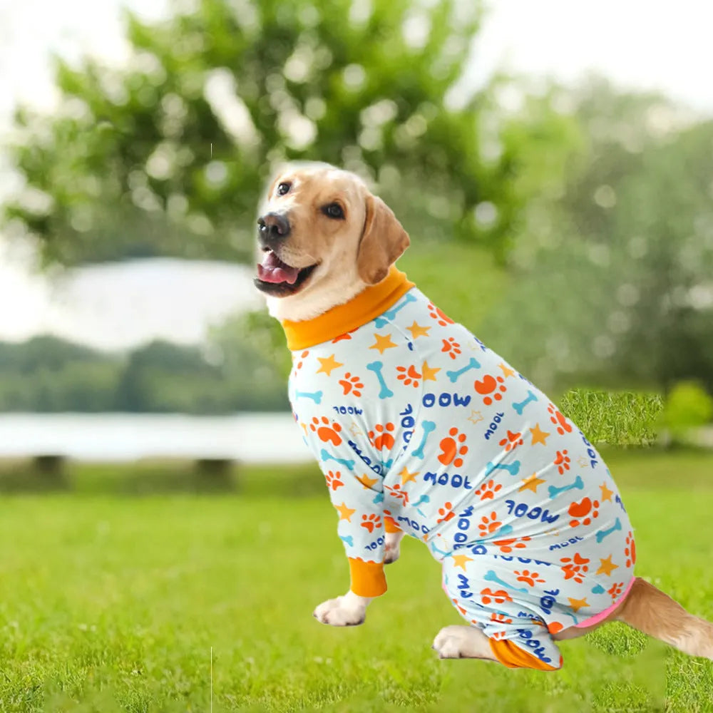 Cotton dog jumpsuit pet clothing in a printed pattern, shown in one of 42 available colours, sized for a small to medium dog.