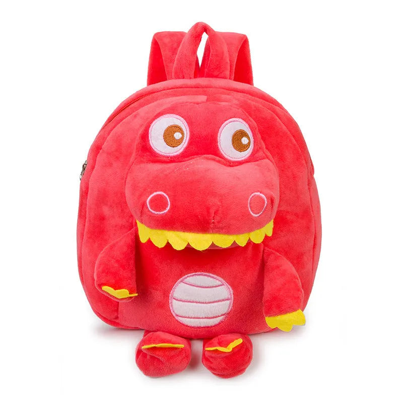 Soft plush dinosaur backpack for children with embroidery detailing in blue colour