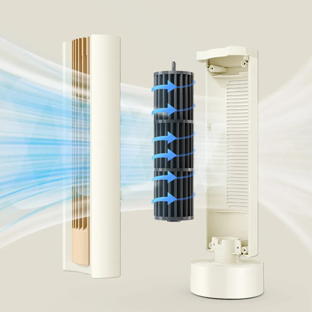 Milky white leafless desktop fan with brushless motor, auto-shake head, and USB power on a desk