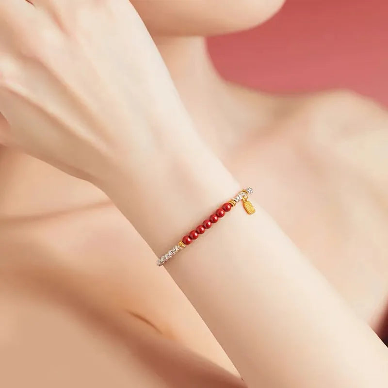 White silver lucky beads couple bracelet made of copper, 16 cm long with geometric design.