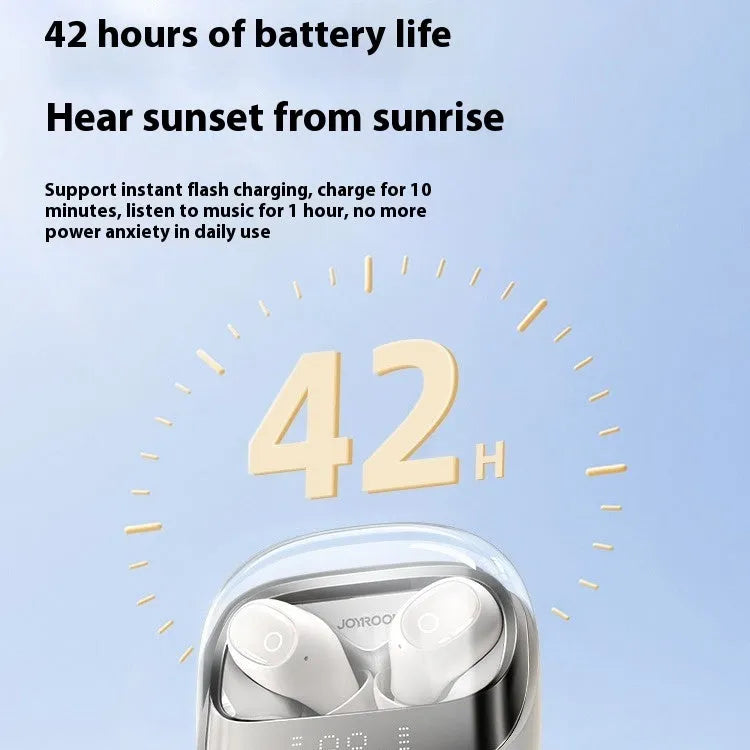 Dawn White wireless Bluetooth earbuds with charging case on a grey background.