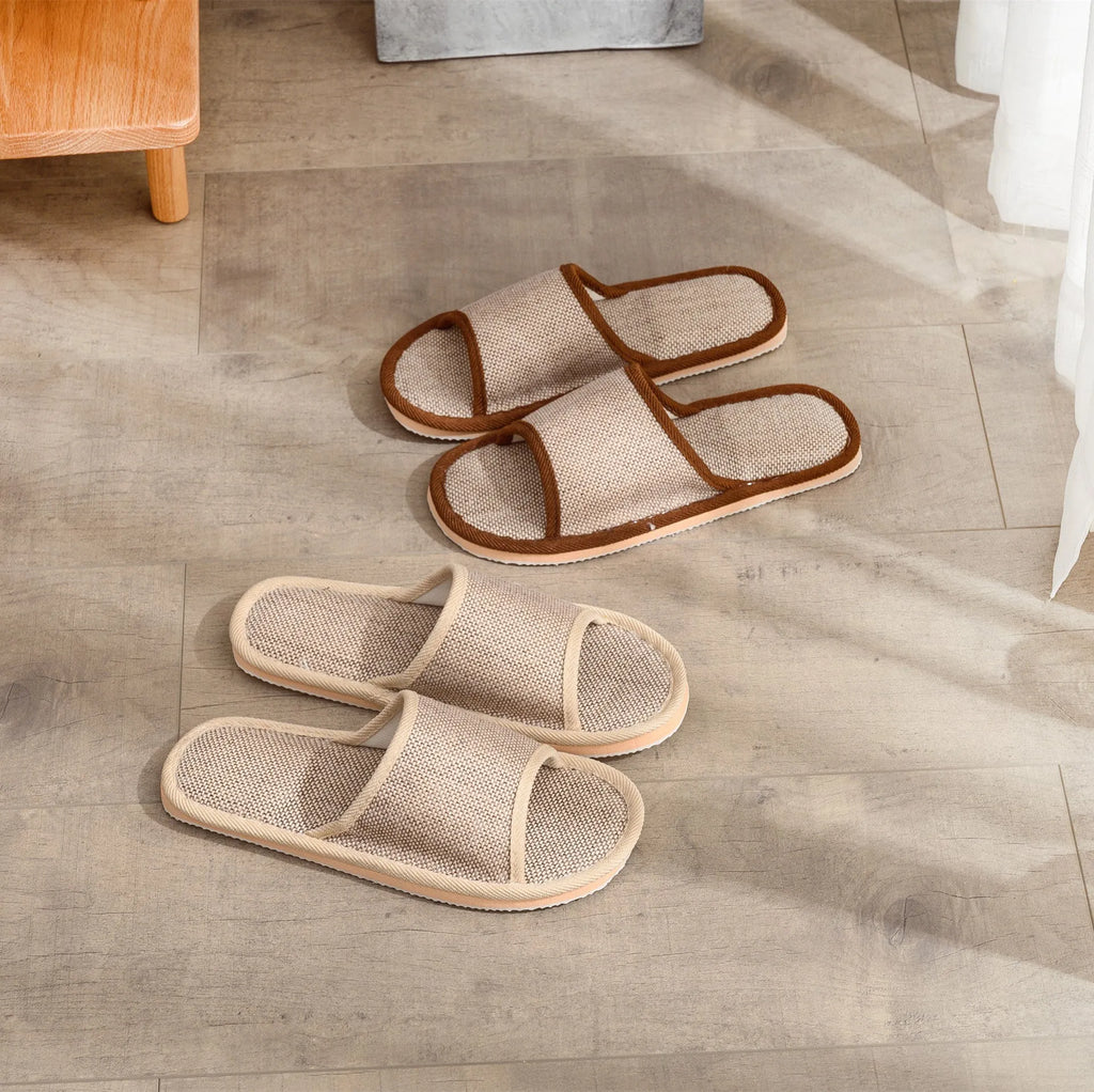 Women's open toe linen slippers in light brown, showing thickened sole and breathable design.