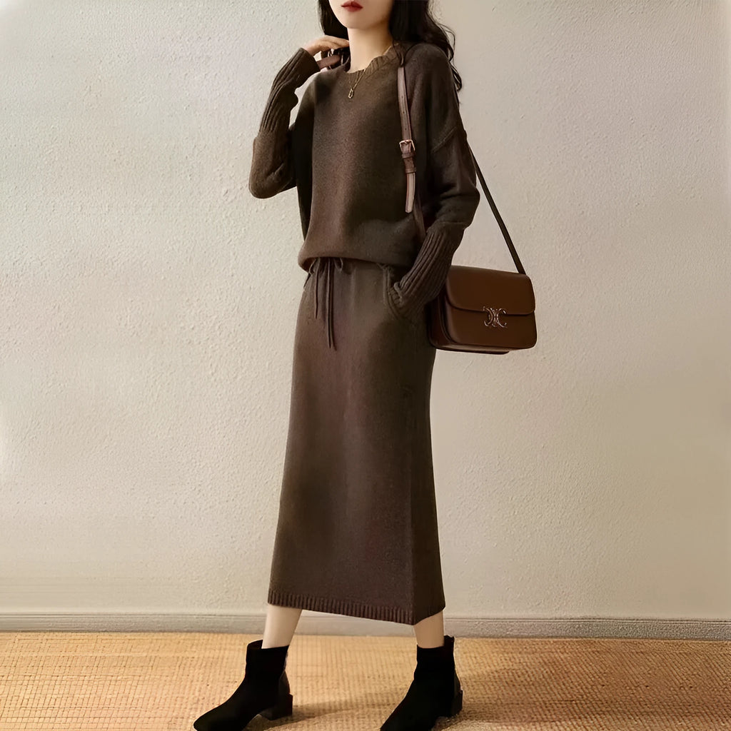 Women's knitted loose top and mid-length skirt two-piece set in coffee colour with long sleeves and tie-dye pattern