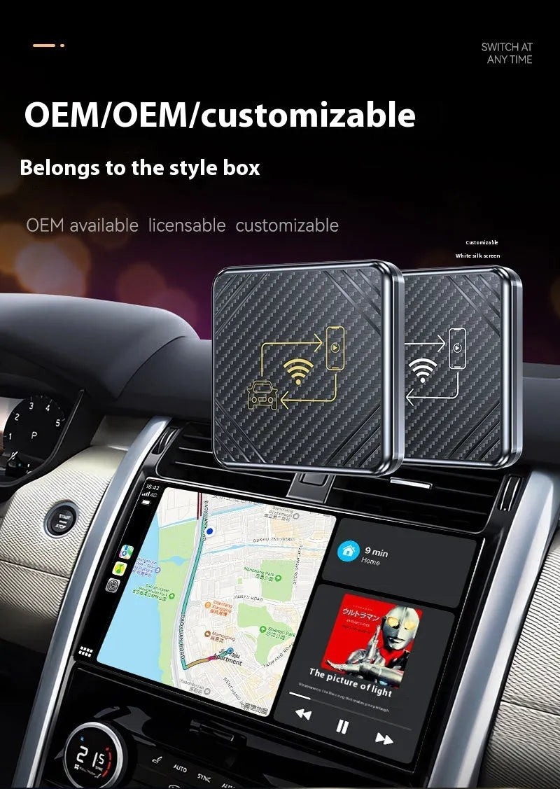 Gold and white wireless CarPlay and Android Auto USB adapter box for cars on a dark surface.