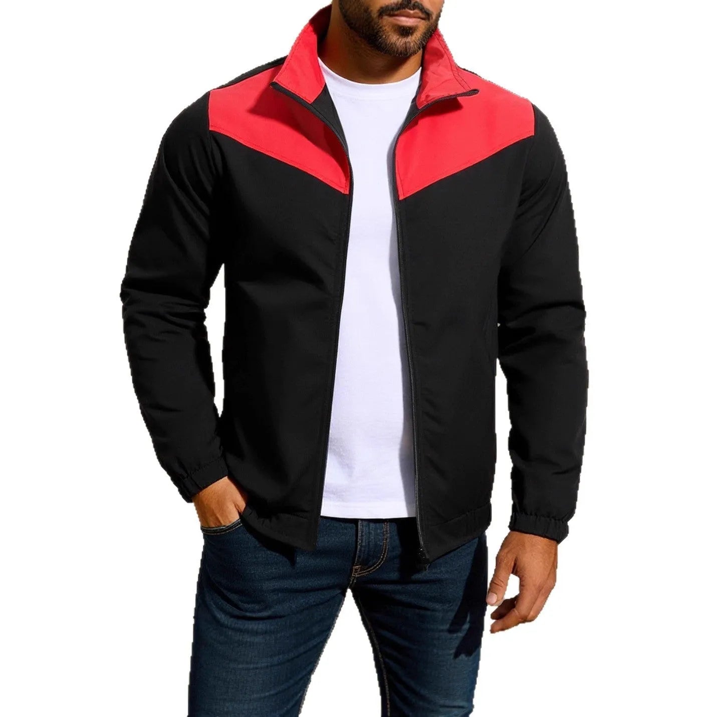 Men's windproof polyester jacket in khaki with a high collar and colour-matched zipper.