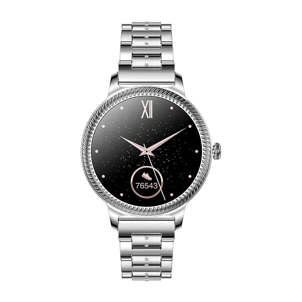 AK38 ladies smart watch with stainless steel band and 1.09-inch display in gold and silver colour options