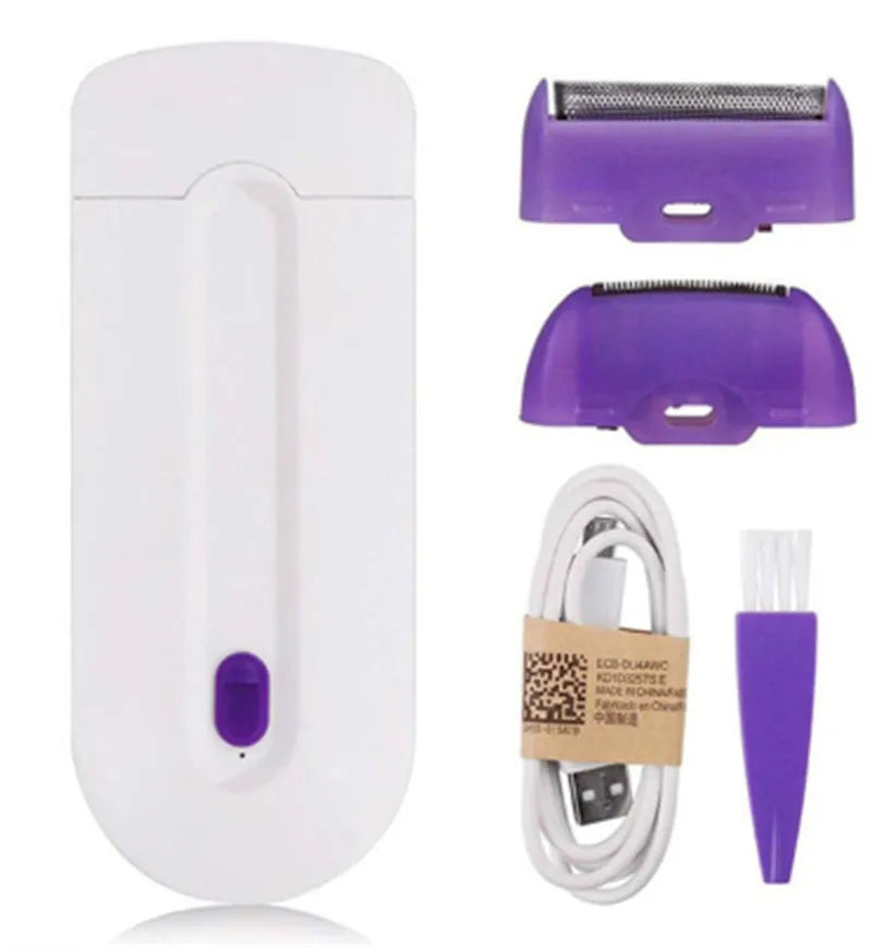 Electric hair removal instrument with Sensa-Light head, trimmer head, foil head, and accessories on white background