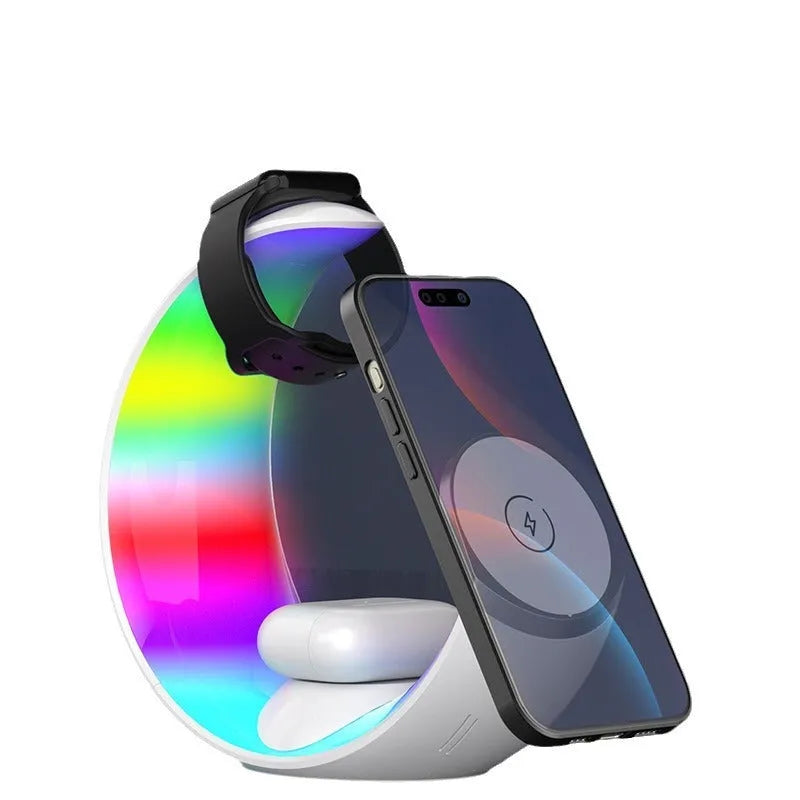 White wireless ambience light 4-in-1 charger with night lamp function and Type-C charging cable
