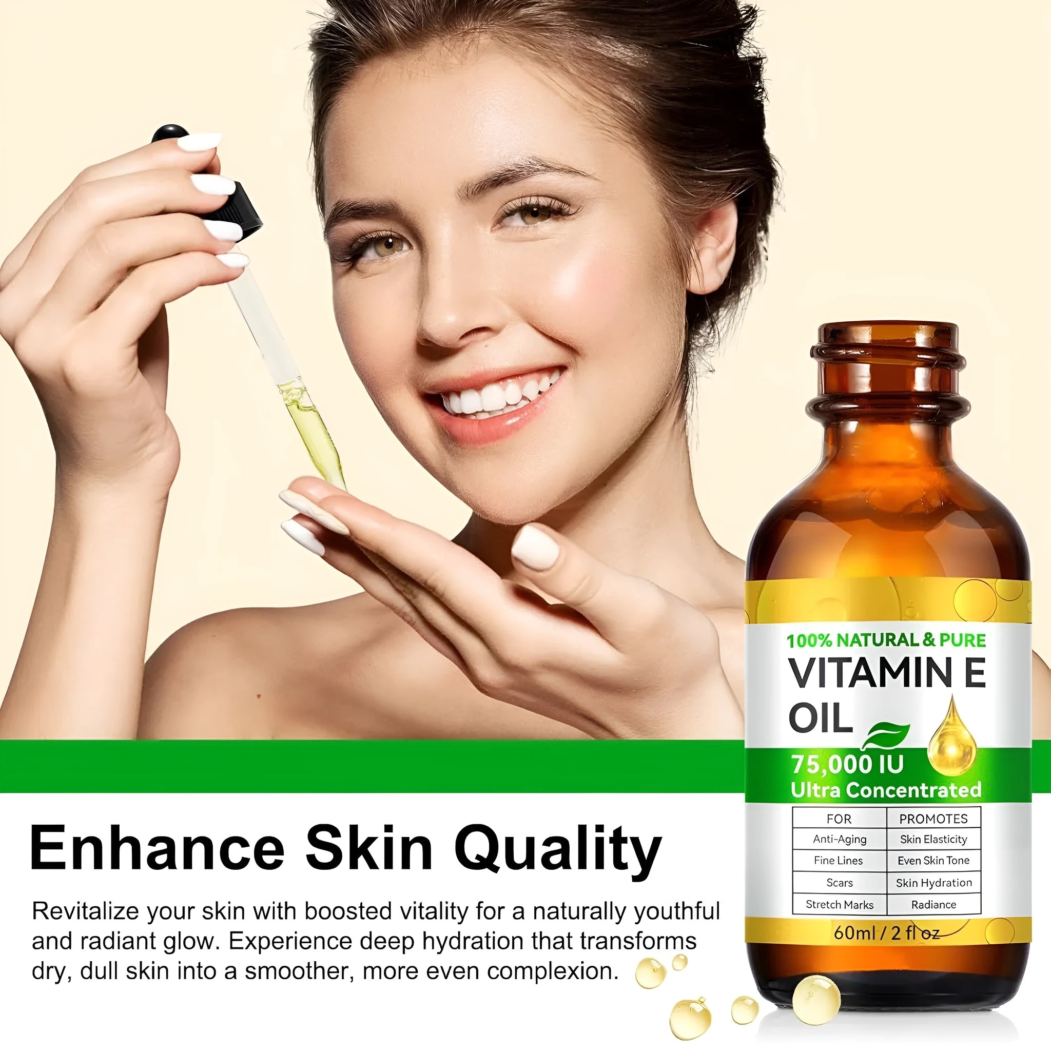 Vitamin E oil 60ml bottle for skincare moisturising, plain label, white cap