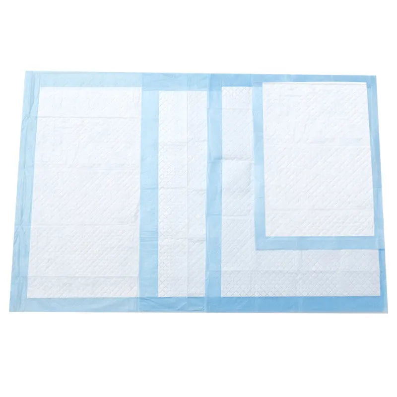 Disposable pet urinal pad for dogs with absorbent deodorant core in multiple sizes a pack of four pads on a floor