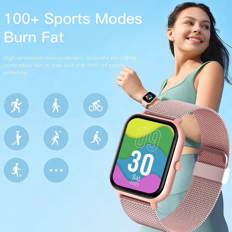 Smart watch with AMOLED screen, AI voice assistant, Bluetooth calling, heart rate and blood oxygen monitoring, available in pink, silver and black.