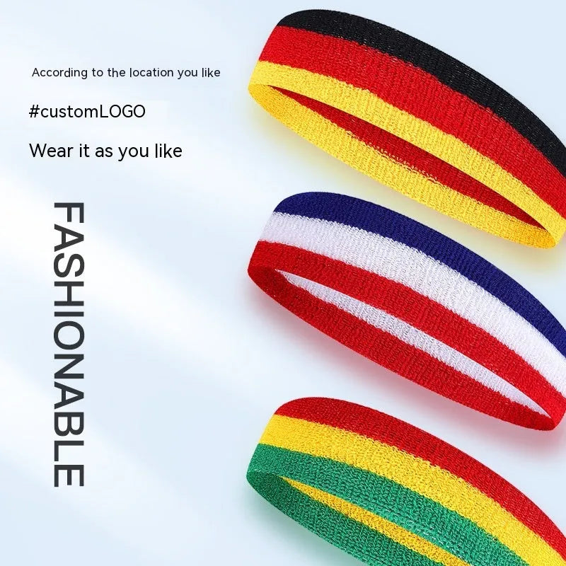 Adult sports headband in multi-colour design for running, basketball, and yoga.