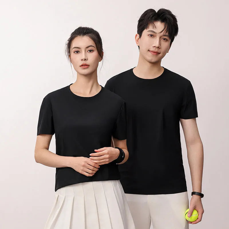 Man wearing a slim fit Ice Silk quick-dry T-shirt in apple green, showing short sleeves and casual style.