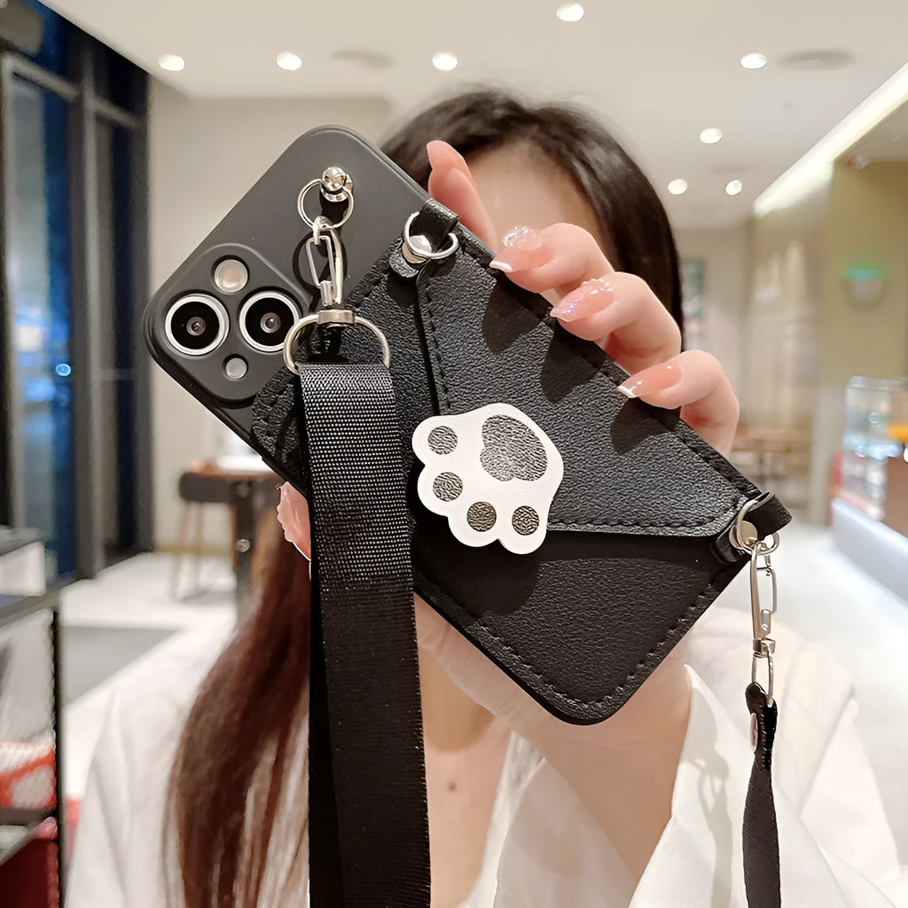 TPU Cat's Paw phone case crossbody protector for iPhone in black colour