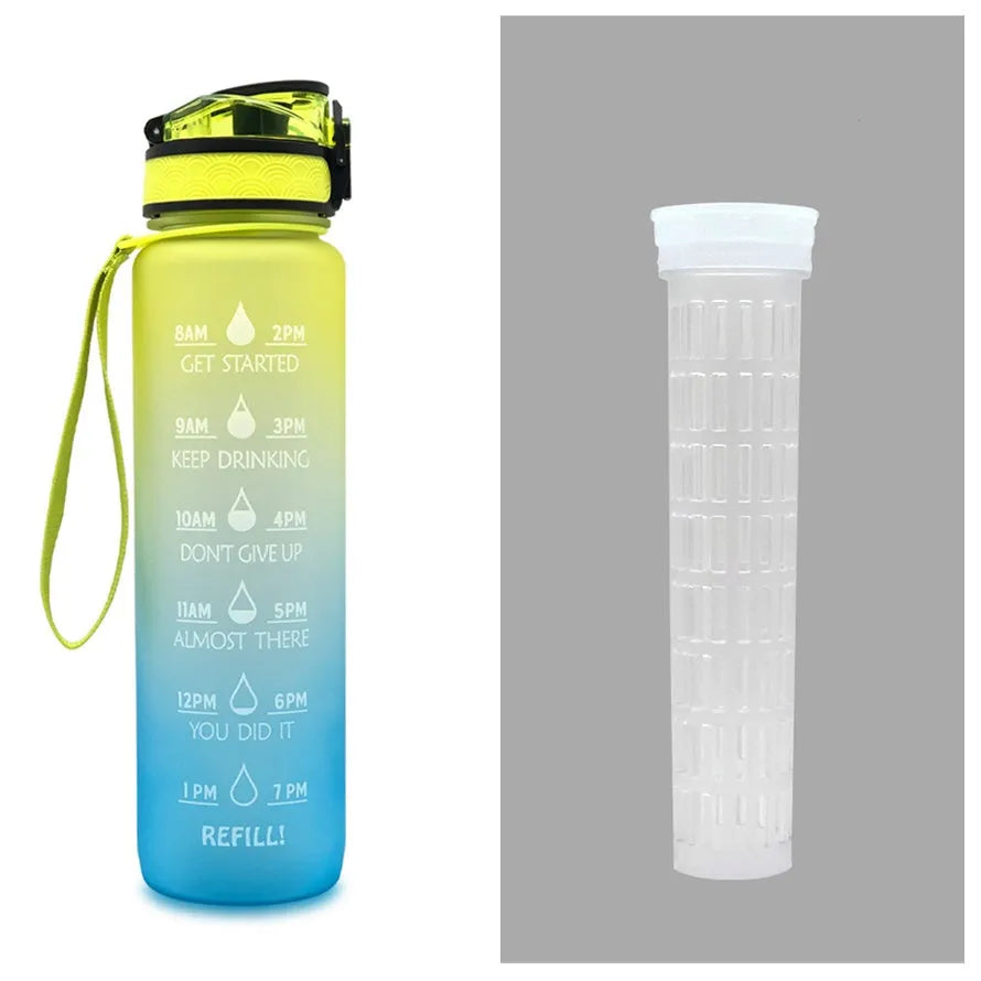 1L Tritan sports water bottle with time markers and flip-top lid in blue-red gradient colour
