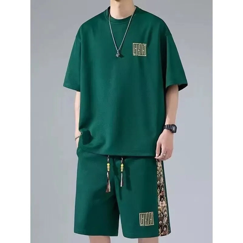 Waffle embroidery two-piece set with short sleeve top and shorts in thin polyester, summer sports style, sizes M-5XL
