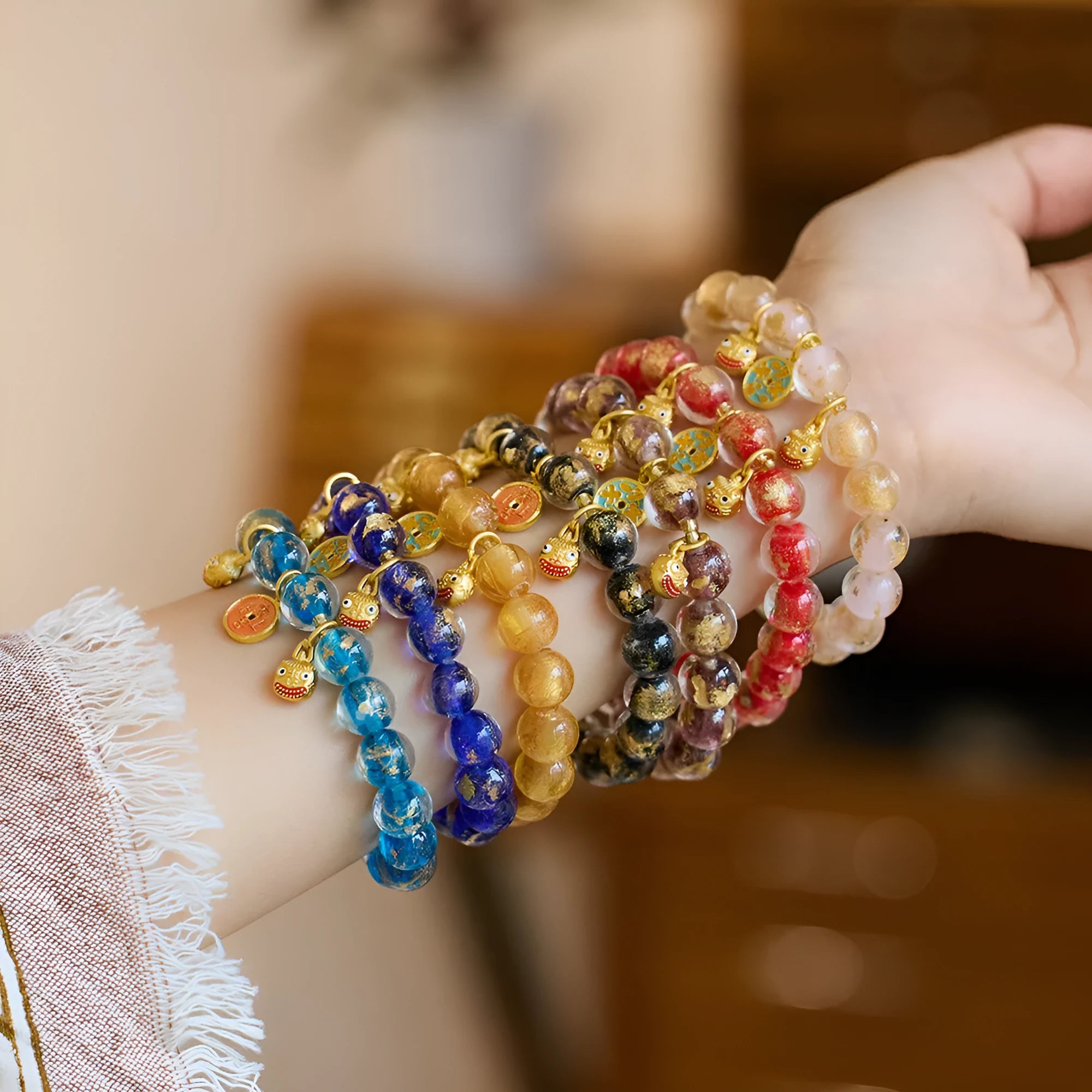 Handmade colourful fragrant grey gold foil glaze swallowing gold beast bracelet in geometric shape.