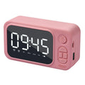 Portable Bluetooth speaker alarm clock radio, 138×78×46 mm, 1200mAh, shown in black with USB interface and button controls