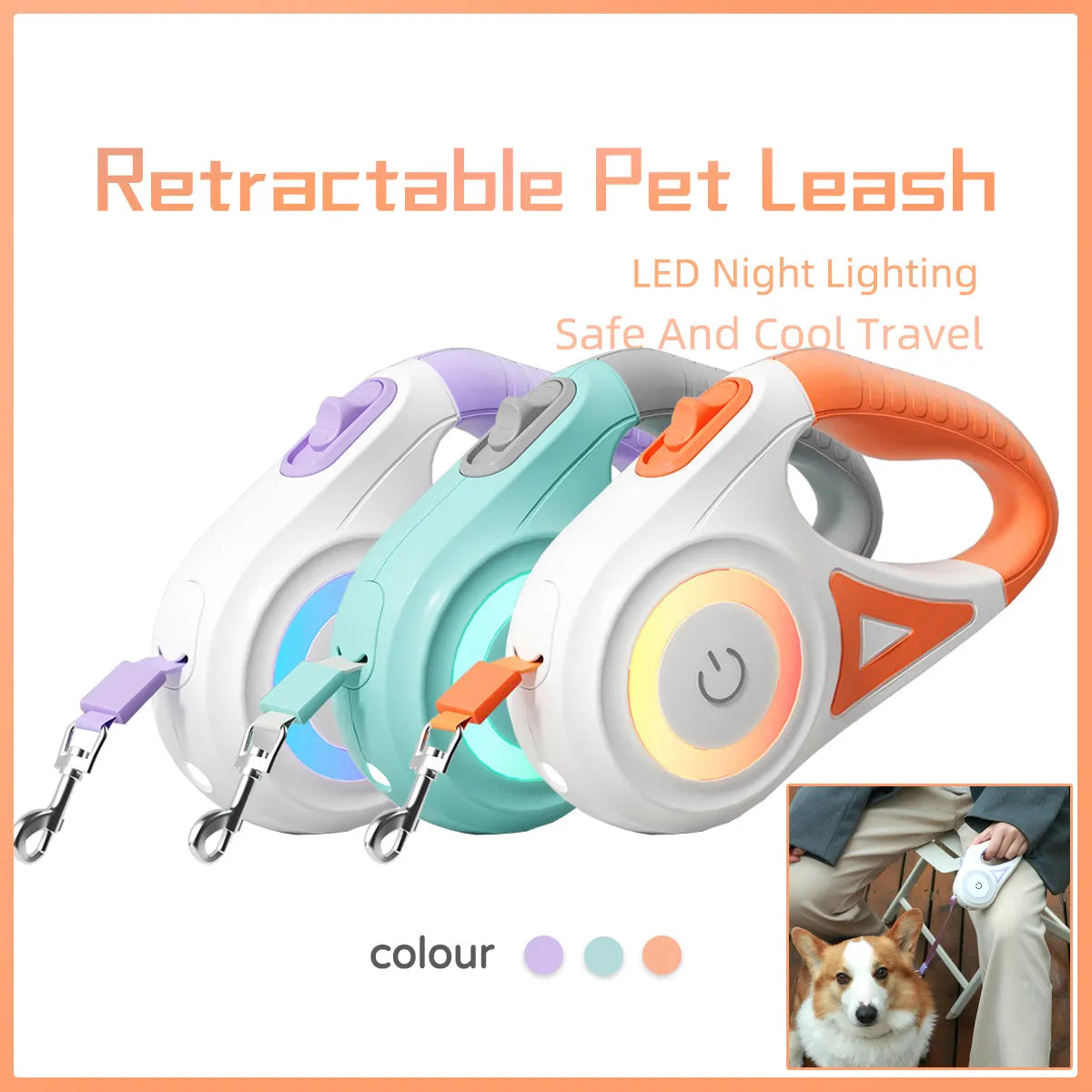 Retractable dog leash with one-handed brake in Dream Purple colour, 3m length