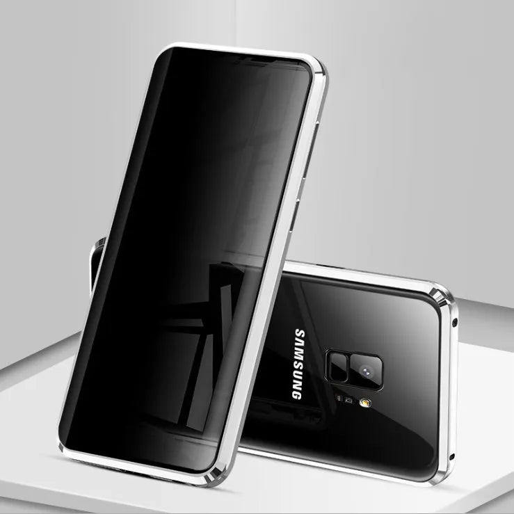 Samsung smartphone in a black clamshell magnetic case with anti-peeping screen, shown open and closed.