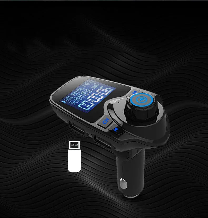Black G7 Bluetooth car FM transmitter and hands-free kit plugged into a 12V car socket