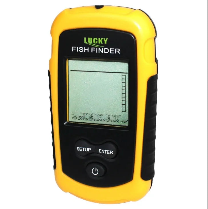 Yellow wired fish finder with 200KHZ sonar, 73m depth range, multi-language display