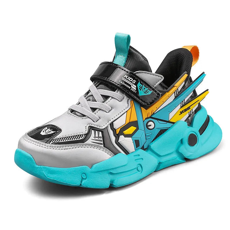Boy's yellow artificial leather running shoes with Velcro strap and cartoon pattern, shown on a rubber sole.