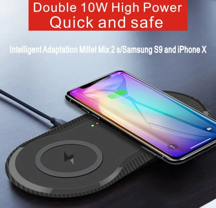 Black and white dual wireless charging pad showing two phone charging positions with Type-C cable