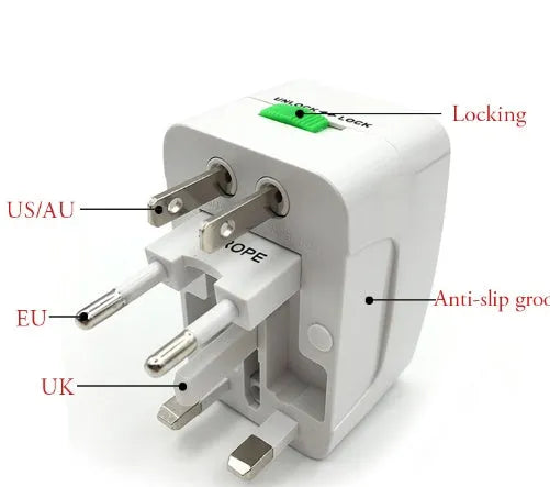 Compact white universal travel plug adapter and charger converter on a grey background.