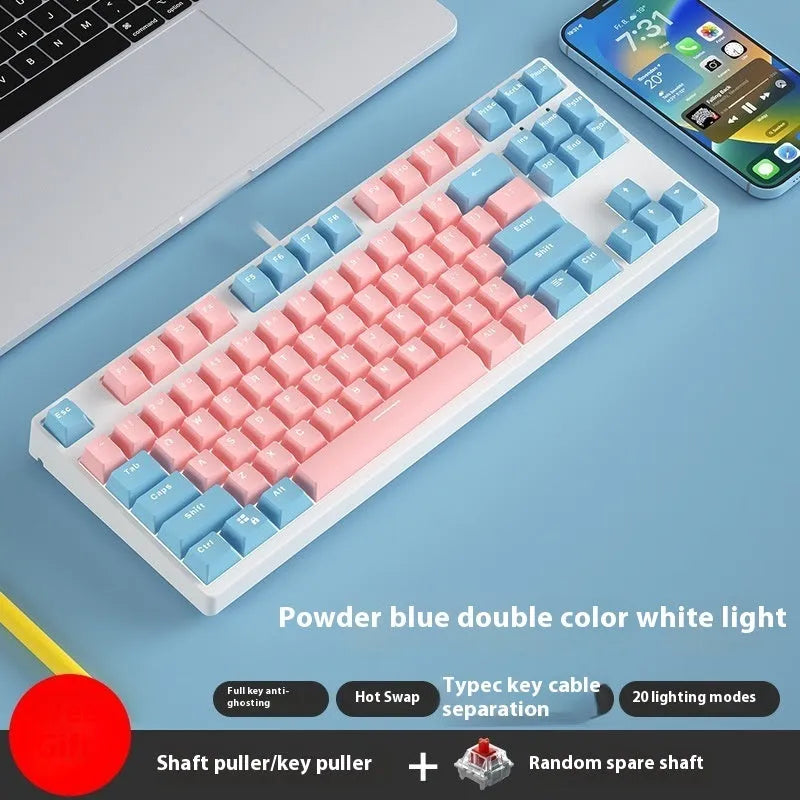 87-key wired mechanical gaming keyboard with hot-swappable switches in dual-colour keycap configuration