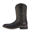 Men's black embroidered wide square-toe cowboy boots with a low heel on a neutral background.