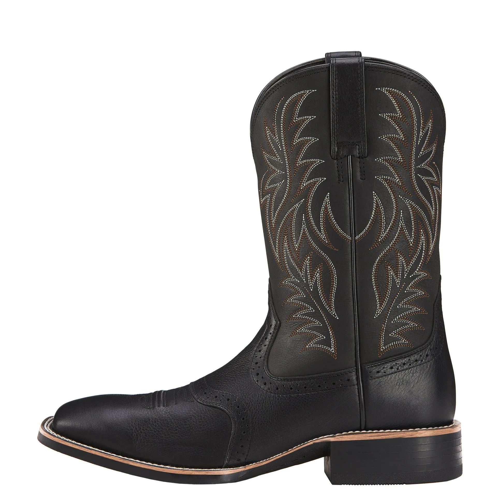 Men's black embroidered wide square-toe cowboy boots with a low heel on a neutral background.