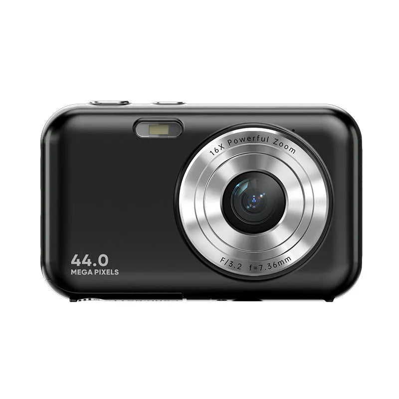 Children's digital camera with 44MP sensor and 2.4-inch screen, shown in black, green, pink, or purple.
