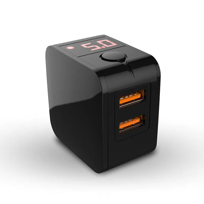 Black 5V2A dual USB travel charger with digital display showing UK plug