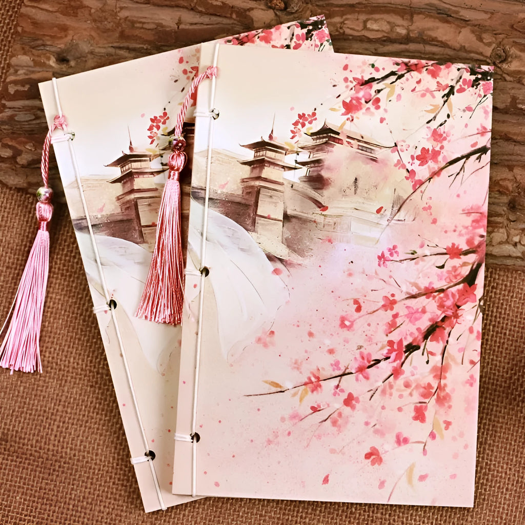 Watercolour retro Chinese style thread-bound notebook with Azalea colour