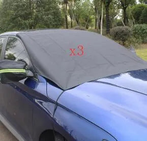 Car windshield snow cover in black and silver, 210x120cm, with reflective bar and magnets