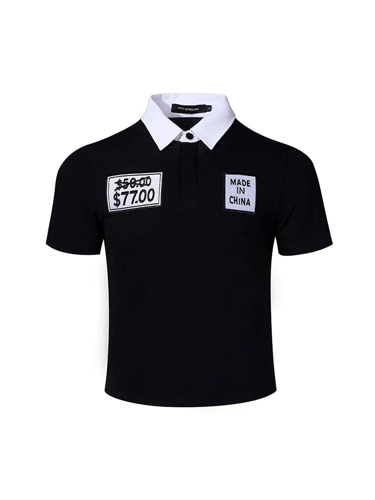 Black slim fit men's polo shirt with embroidery design and short sleeves