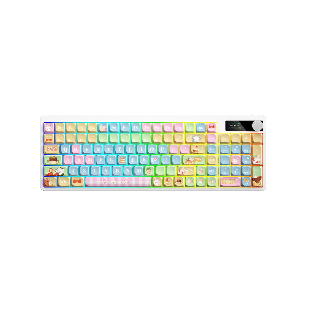 Compact mechanical keyboard with RGB backlight showing three colour options on display
