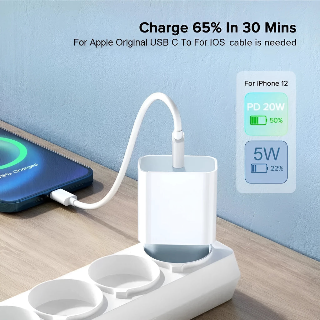 White 20W PD charger with Type-C interface showing international socket compatibility
