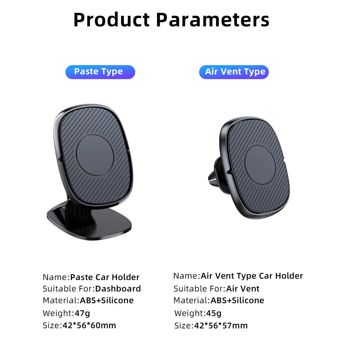 Magnetic car phone holder with zinc alloy plating and silicone pad, sizes 42x56x60mm and 42x56x57mm
