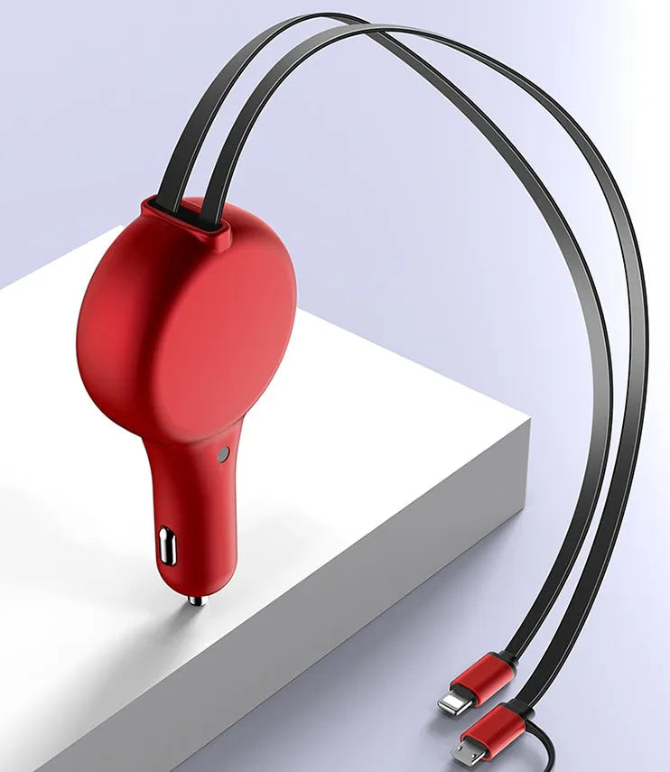 Black retractable dual fast car charger with extended cables and three charging heads on a car seat