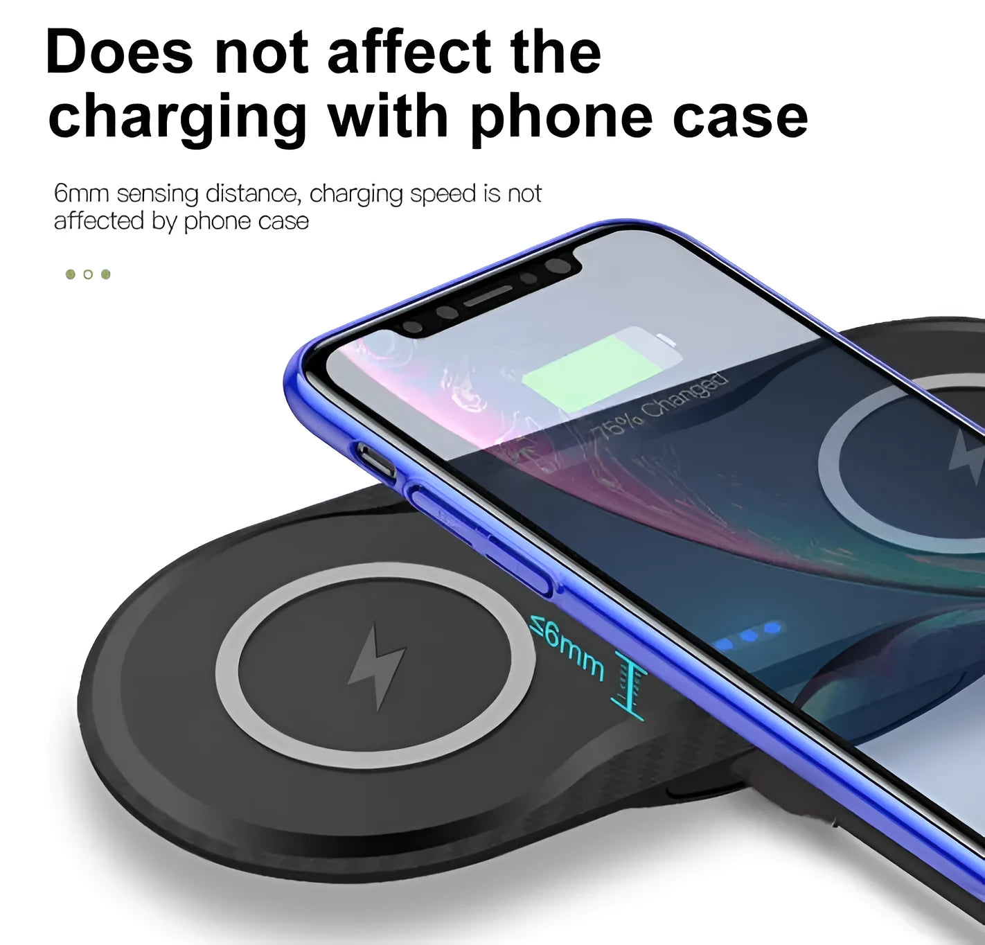 Black and white dual wireless charging pad showing two phone charging positions with Type-C cable