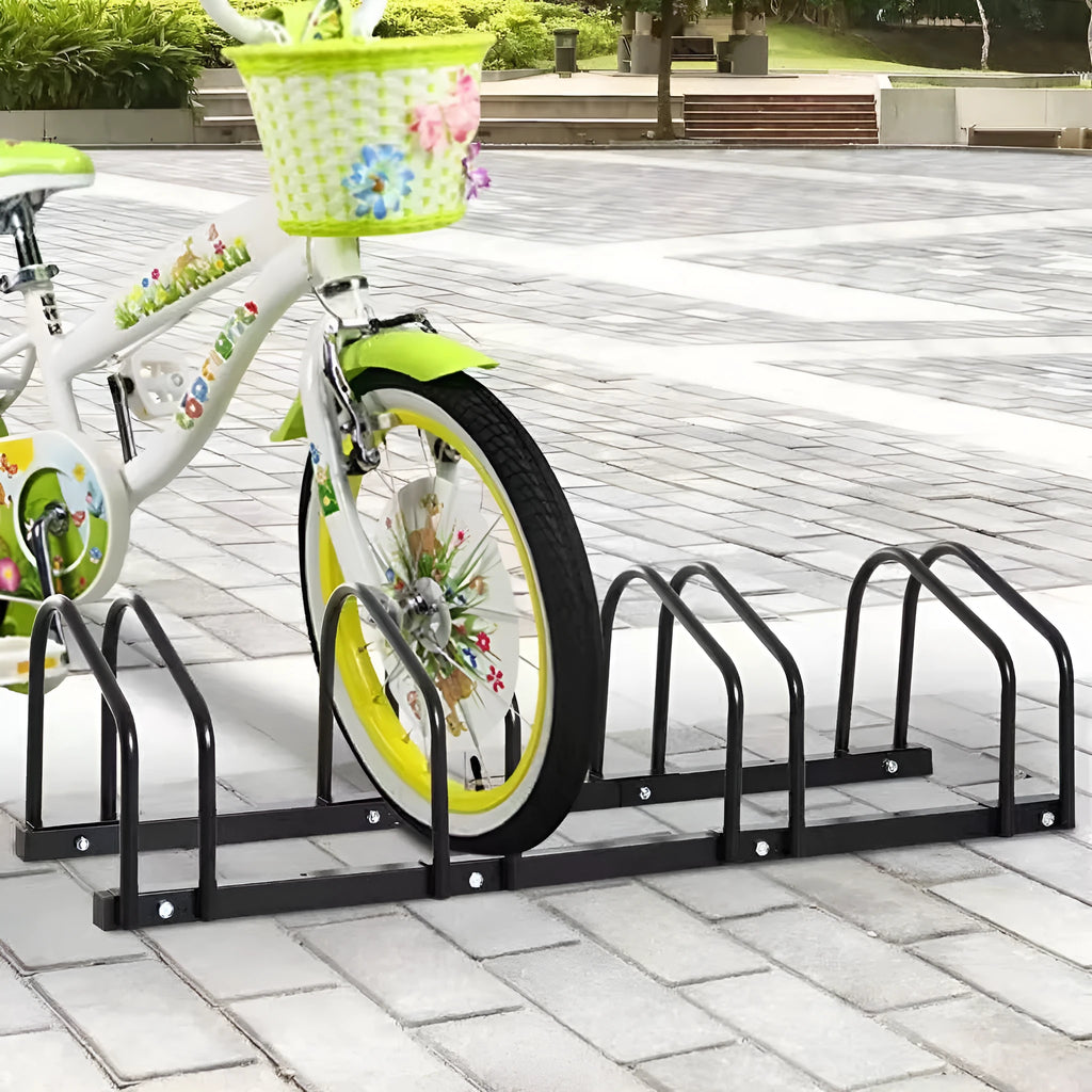 Black metal split card bicycle parking rack with adjustable width for indoor use