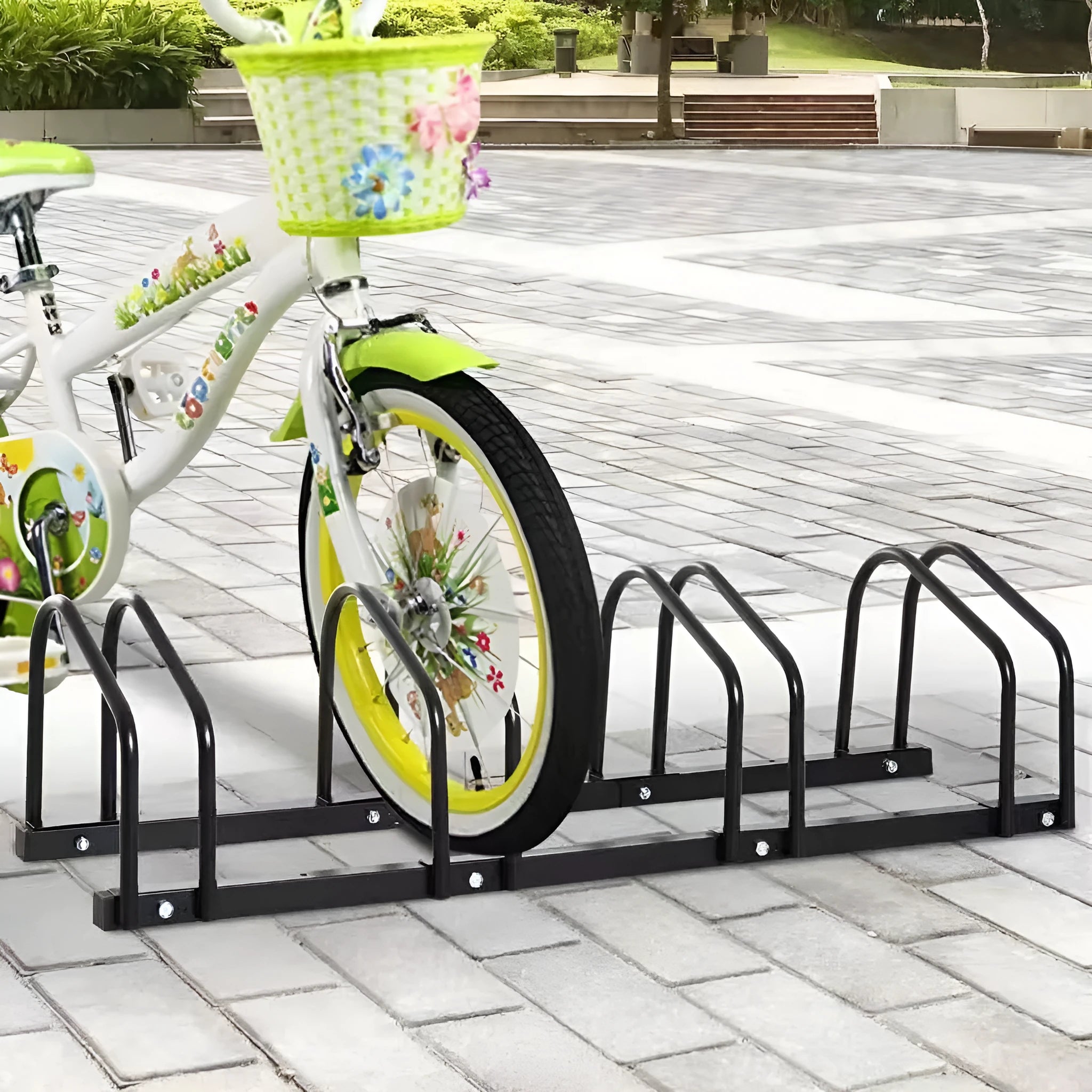 Black metal split card bicycle parking rack with adjustable width for indoor use