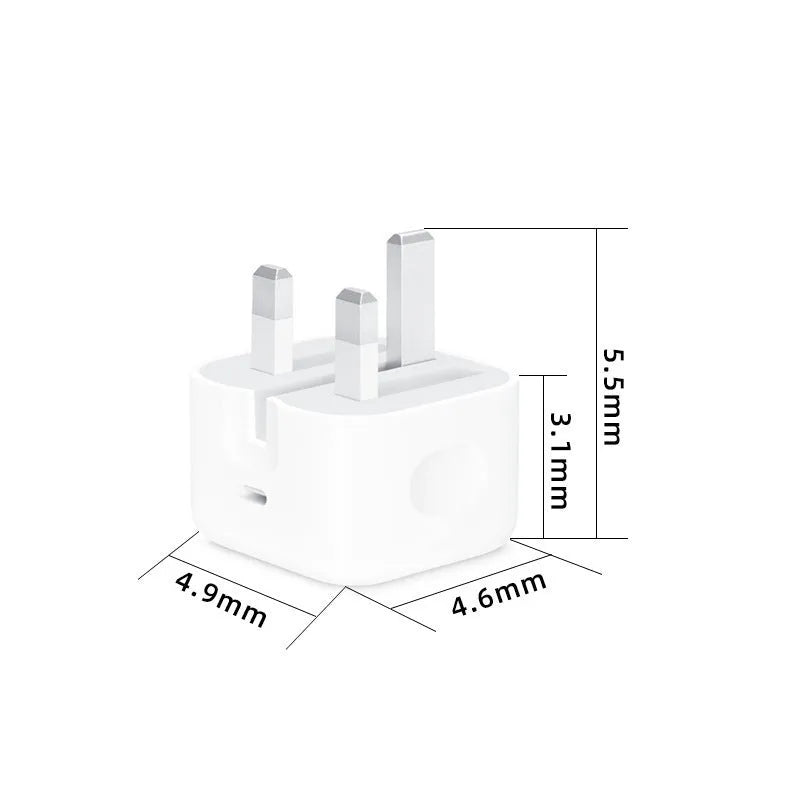 White 20W USB-C UK wall charger with a fixed three-pin plug and a USB-C cable.