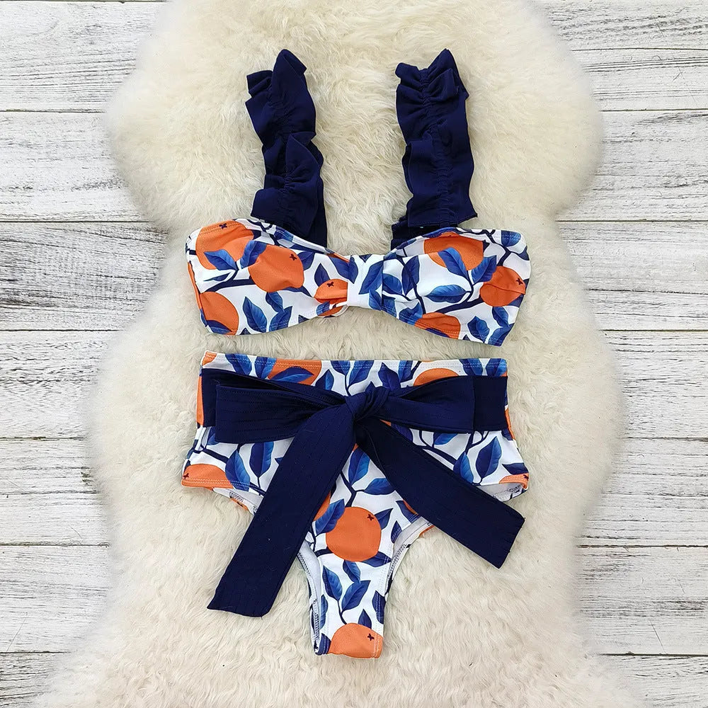 Women's blue leaf orange floral print high waist bikini swimsuit with briefs styling